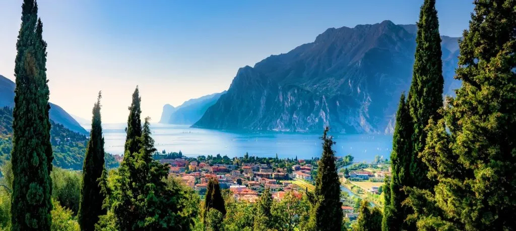 Beautiful aerial view of Torbole, Lake Garda (Lago di Garda) and the mountains, Italy