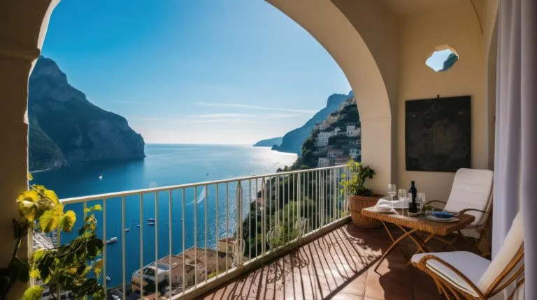 Luxurious villa nestled along the breathtaking Amalfi Coast of Italy, with panoramic views of the sparkling Mediterranean Sea and cliffside terraces
