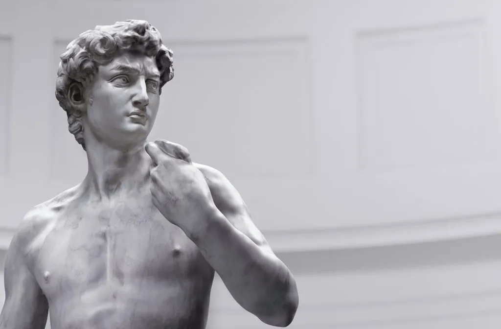 Statue of David by Michelangelo; Florence, Italy museum background. 3D Renaissance  biblical hero marble sculpture digital illustration, antic nude statue masterpiece rendering, classical art isolated