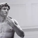 Statue of David by Michelangelo; Florence, Italy museum background. 3D Renaissance  biblical hero marble sculpture digital illustration, antic nude statue masterpiece rendering, classical art isolated