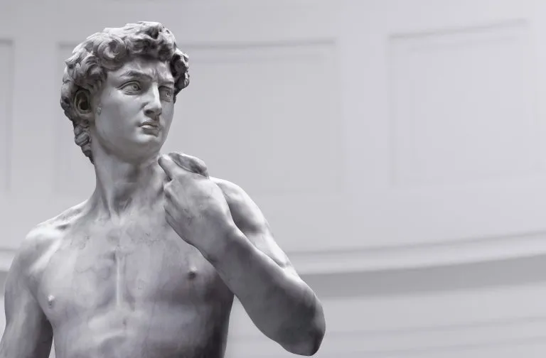 Statue of David by Michelangelo; Florence, Italy museum background. 3D Renaissance  biblical hero marble sculpture digital illustration, antic nude statue masterpiece rendering, classical art isolated