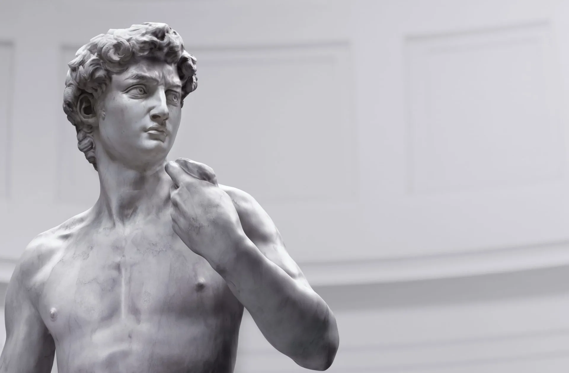 Statue of David by Michelangelo; Florence, Italy museum background. 3D Renaissance  biblical hero marble sculpture digital illustration, antic nude statue masterpiece rendering, classical art isolated