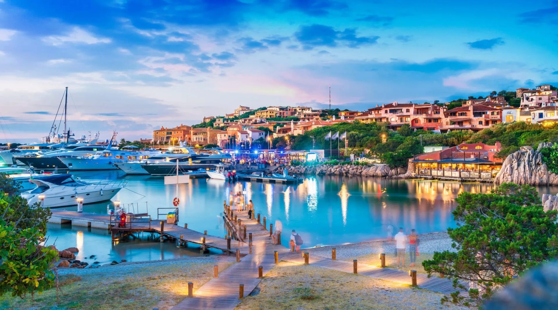 View of harbor and village Porto Cervo, Sardinia island, Italy
