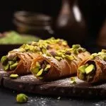 Sicilian dessert, Italy, Sweet homemade cannoli stuffed with ricotta and pistachio, generative AI tools