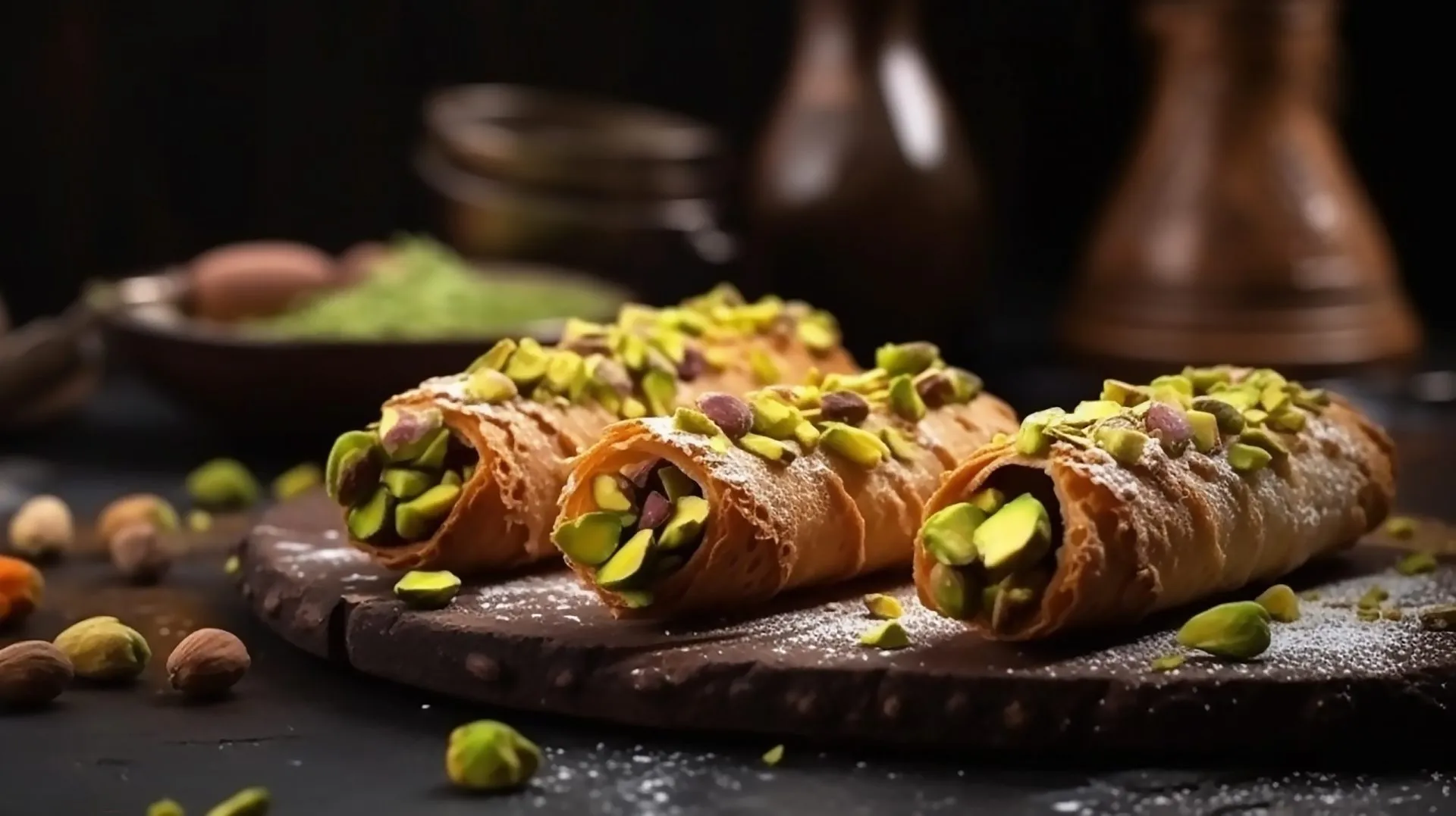 Sicilian dessert, Italy, Sweet homemade cannoli stuffed with ricotta and pistachio, generative AI tools